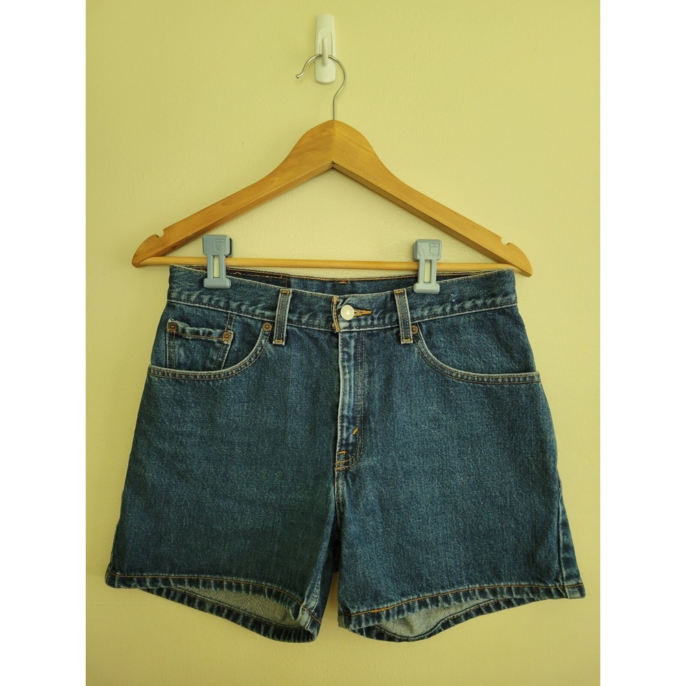 Vtg Levi's Denim Shorts Juniors Size 7 Medium Wash Mid Rise Y2K Black Bat Wing
